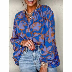 Royal Blue Floral Button Down Back Pleated Oversized Blouse!